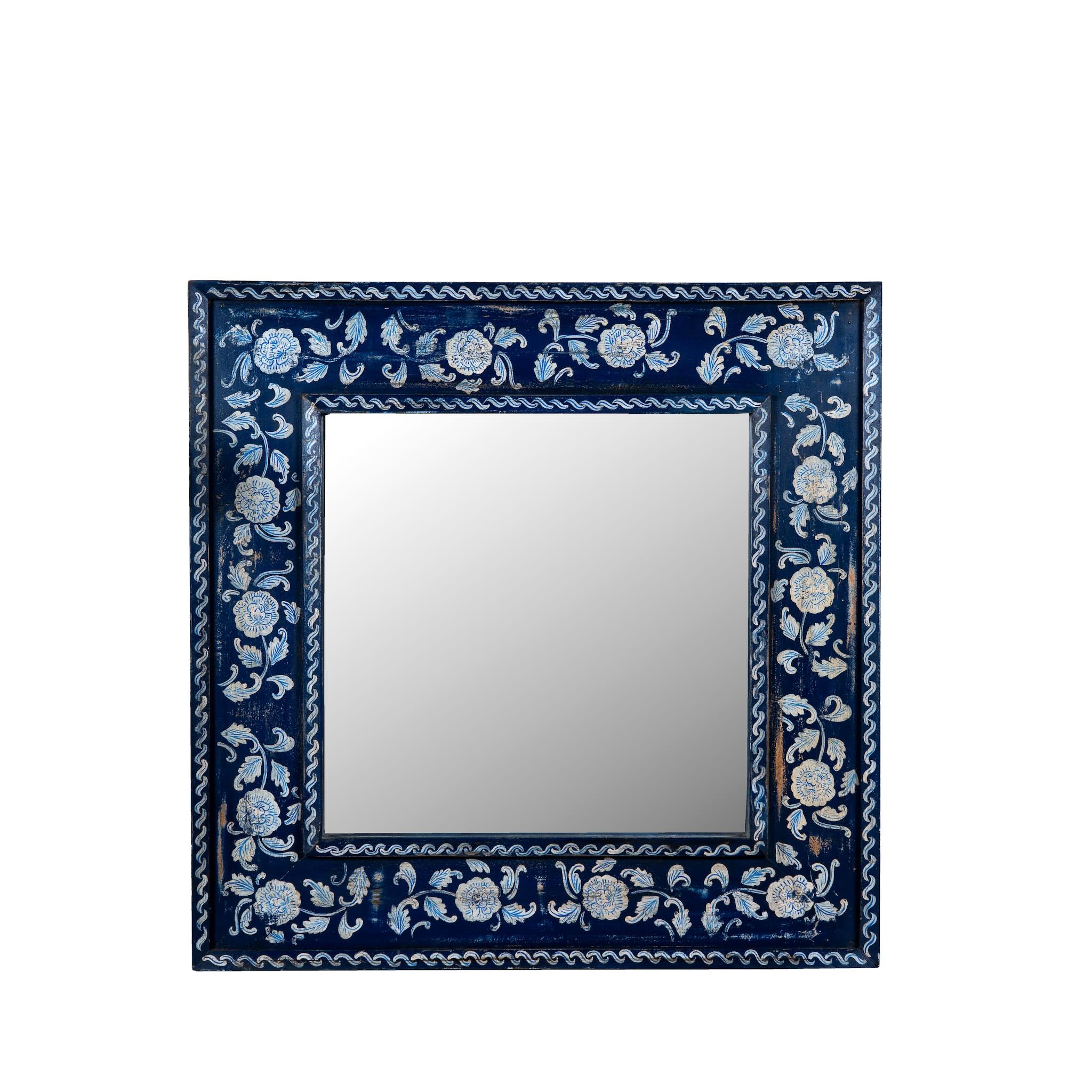 White background image of a Vihana hand-painted reclaimed wood wall mirror with deep blue floral frame, artisan detailing, and vintage Indian character, 90x90cm.