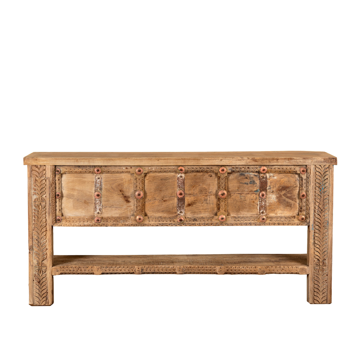 White background image of a Vihanraj reclaimed teak wood console table with original Indian door front, iron fittings and lower storage shelf 178cm