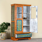 Side angle image with open door of a hand painted reclaimed wood showcase with 2 doors and one drawer.