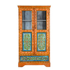 White background image of a hand painted reclaimed wood showcase with 2 doors and one drawer.