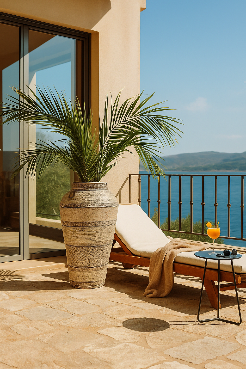 Lifestyle image of a hand-painted iron floor vase with Sanskrit motifs – a one-of-a-kind painted iron decoration perfect for bohemian interior styling.