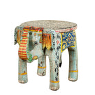 White background image of a hand-painted wooden elephant-shaped side table with Indian folk art motifs and floral details, perfect for vintage or global home decor.