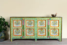 Reclaimed wood sideboard with hand painted floral motifs and distressed finish; artisanal storage furniture for bohemian interiors, 170 × 40 × 104 cm.