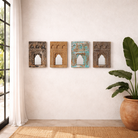 Lifestyle imagination of hand-carved small wooden wall mirrors Pranith with arched Indian jharokha designs, available in various vintage finishes. A unique Indian decoration and vintage home accessory for layered vintage home decor.
