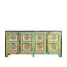 White background image of a reclaimed wood sideboard with hand painted floral motifs and distressed finish; artisanal storage furniture for bohemian interiors, 170 × 40 × 104 cm.