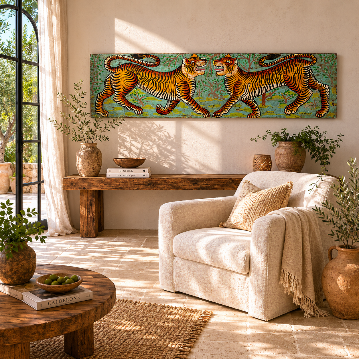 Lifestyle image of a Virat hand painted wall panel featuring a vibrant tiger motif on reclaimed antique teak wood—an artisan-crafted tiger wall decoration blending history and bold artistry.