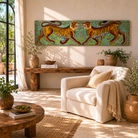 Lifestyle image of a Virat hand painted wall panel featuring a vibrant tiger motif on reclaimed antique teak wood—an artisan-crafted tiger wall decoration blending history and bold artistry.