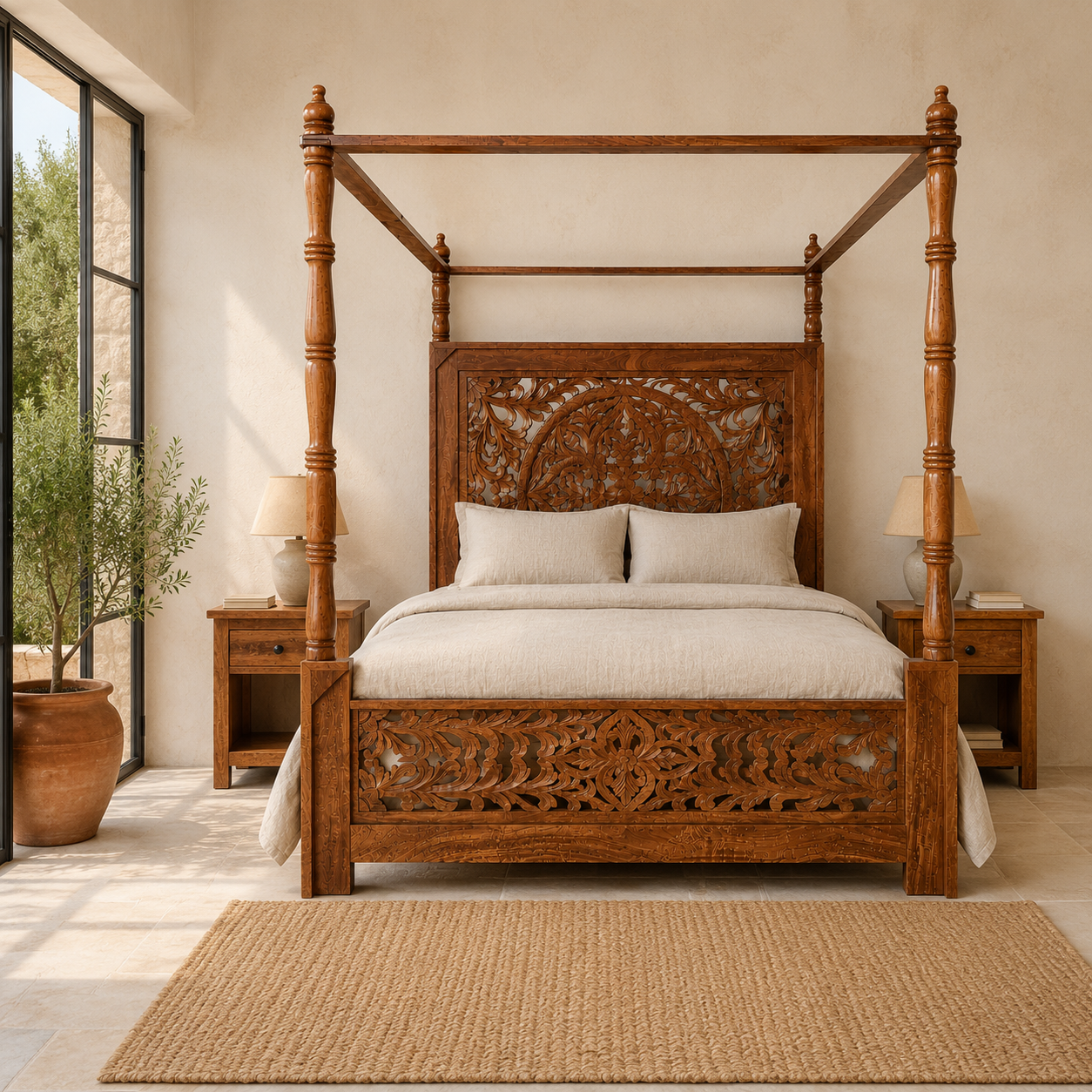 Lifestyle image of a Vishika hand carved mango wood four poster bed with teak finish, ornate floral carved headboard and footboard, for 180x200cm mattress.