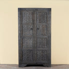 Vishyali hand carved grey mango wood wardrobe with geometric carved doors 180cm