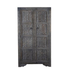 White background image of a Vishyali hand carved grey mango wood wardrobe with geometric carved doors 180cm