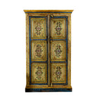 White background image of a hand painted wardrobe made from reclaimed wood with floral motifs and distressed finish; ideal for a boho chic living room or eclectic bedroom, 90 × 40 × 150 cm.