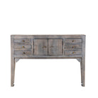 White background image of a console table wood with drawers and doors, ideal as an entryway table vintage statement piece.