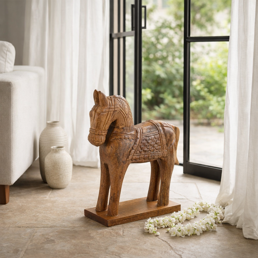 Wooden horse sculpture on a stand in a living room with a large window.