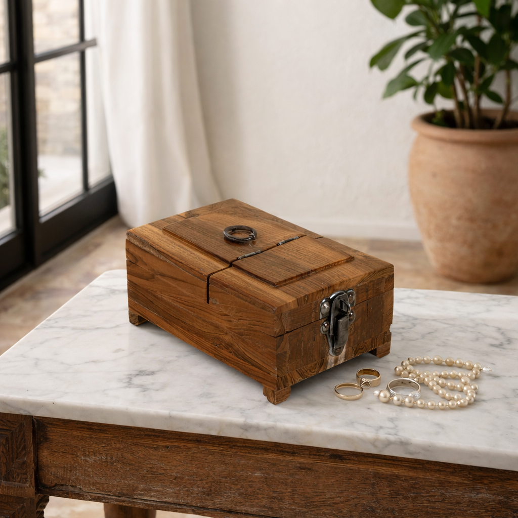 Lifestyle image of a handcrafted wooden jewellery box Palash with natural finish and foldable mirror. A vintage home accessory and unique Indian decoration ideal for storing jewellery or keepsakes in vintage home decor settings.