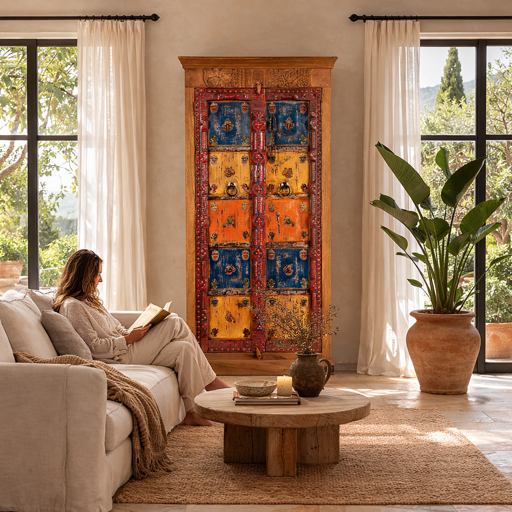 Lifestyle image of a hand-painted cabinet made from reclaimed teak wood with colourful Indian motifs – sustainable furniture and vintage teak wood craftsmanship for bold interiors.