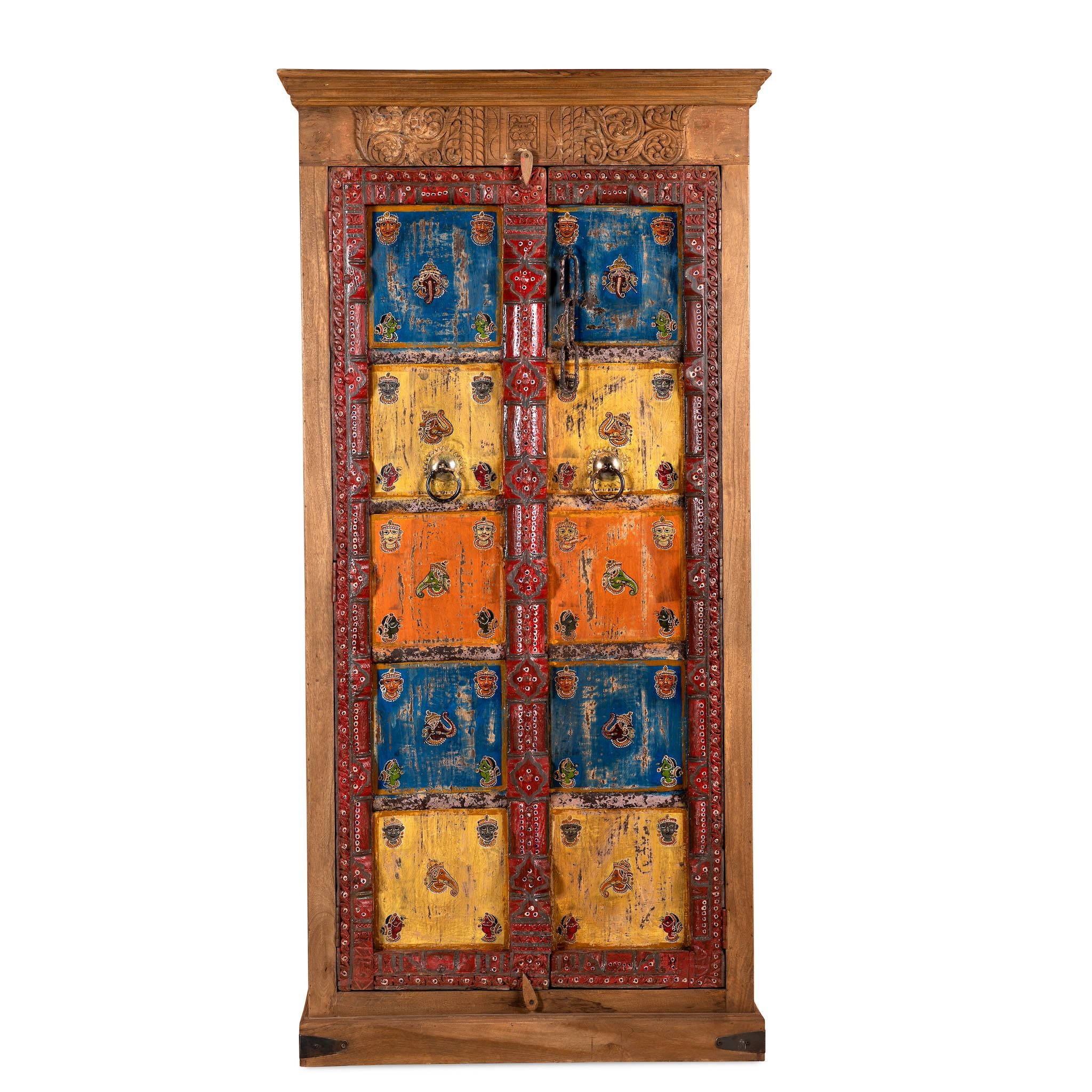 White background image of a hand-painted cabinet made from reclaimed teak wood with colourful Indian motifs – sustainable furniture and vintage teak wood craftsmanship for bold interiors.