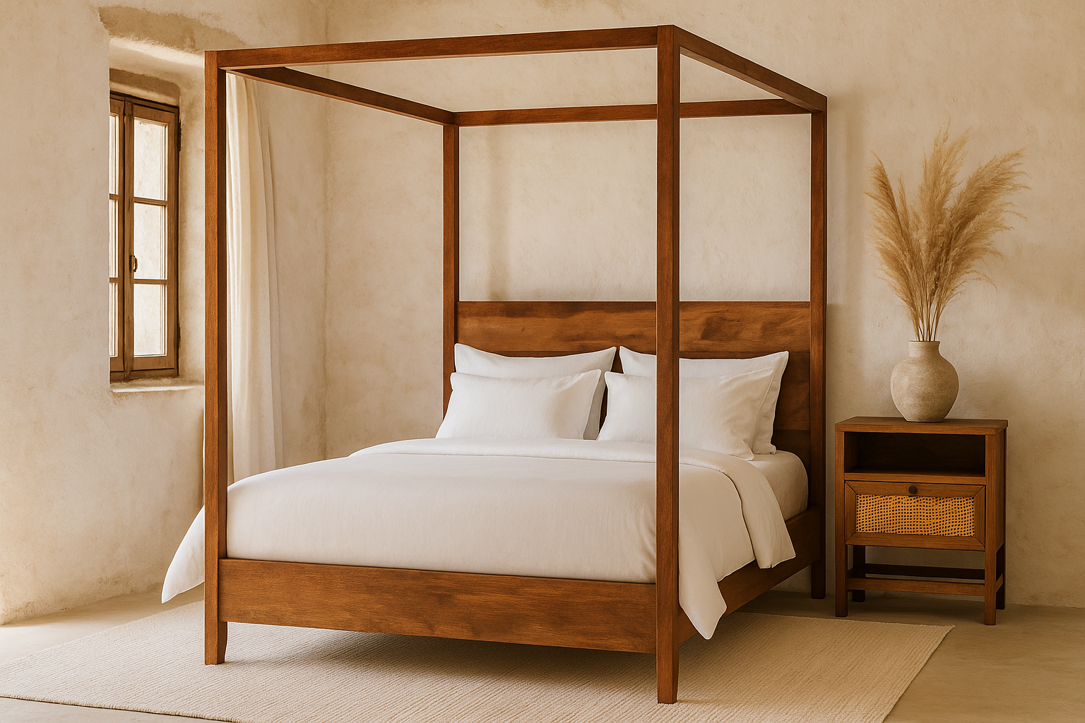 Handcrafted mango wood canopy bed with minimalist four-poster design, boho bed 180 × 200 cm, bedroom furniture in rustic Mediterranean style.