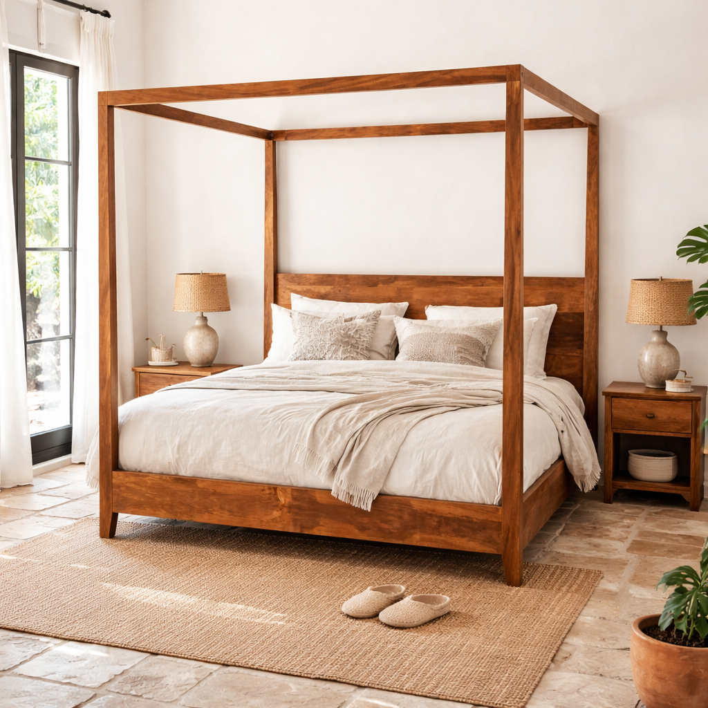 Lifestyle image of a handcrafted mango wood canopy bed with minimalist four-poster design, boho bed 180 × 200 cm, bedroom furniture in rustic Mediterranean style.