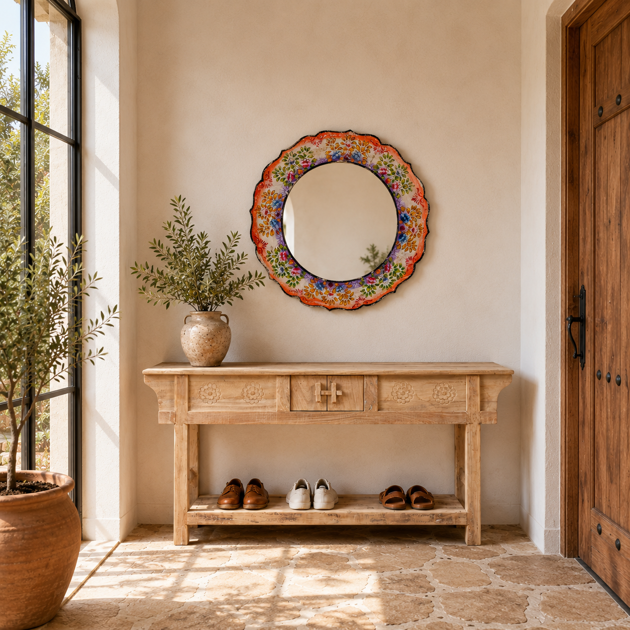 Lifestyle image of a Yagna hand-painted round reclaimed wood mirror with colourful floral artwork, scalloped vintage frame, and artisan detailing, 90cm diameter.