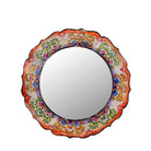 White background image of a Yagna hand-painted round reclaimed wood mirror with colourful floral artwork, scalloped vintage frame, and artisan detailing, 90cm diameter.