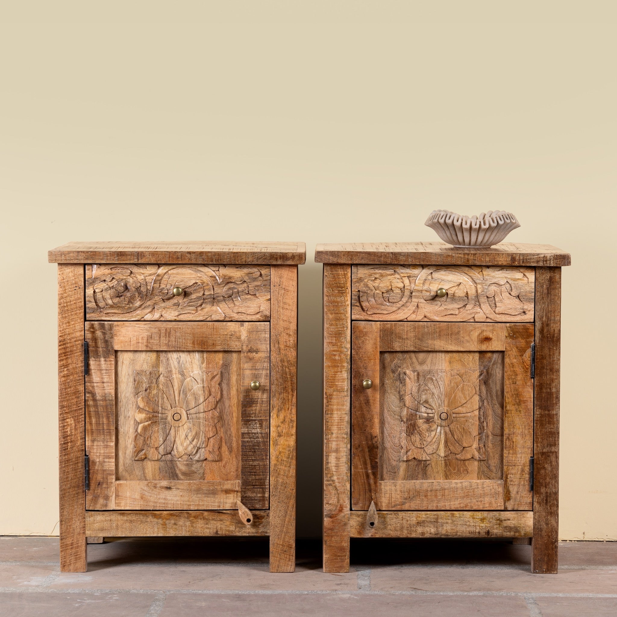 Yana set of two hand carved mango wood bedside tables with drawer and cupboard 65cm