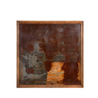 White background image of a rusted iron wall panel framed in teak wood with naturally formed abstract patterns – a unique iron wall decoration perfect for modern and industrial spaces.