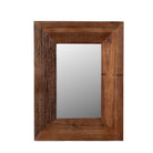 White background image of a hand made reclaimed wood mirror in rustic design.