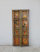 Hand-painted Indian antique teak door with Hindu gods, elephants, and folk art, reclaimed wood vintage wall panels for vintage home decor.