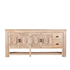 White background image of a hand-carved mango wood console table Zahira with 2 drawers and 4 doors in a natural finish. Elegant living room furniture piece with artistic detailing and practical storage.