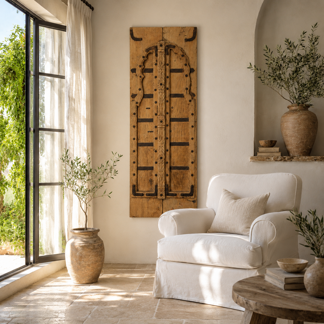 Lifestyle image of a antique Indian teak wood door panel with original iron fittings, hand-carved details, and naturally aged rustic character for heritage-inspired wall décor.