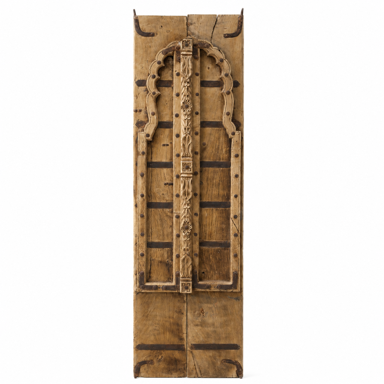White background image of a Zaid antique Indian teak wood double window with hand carved details 175cm