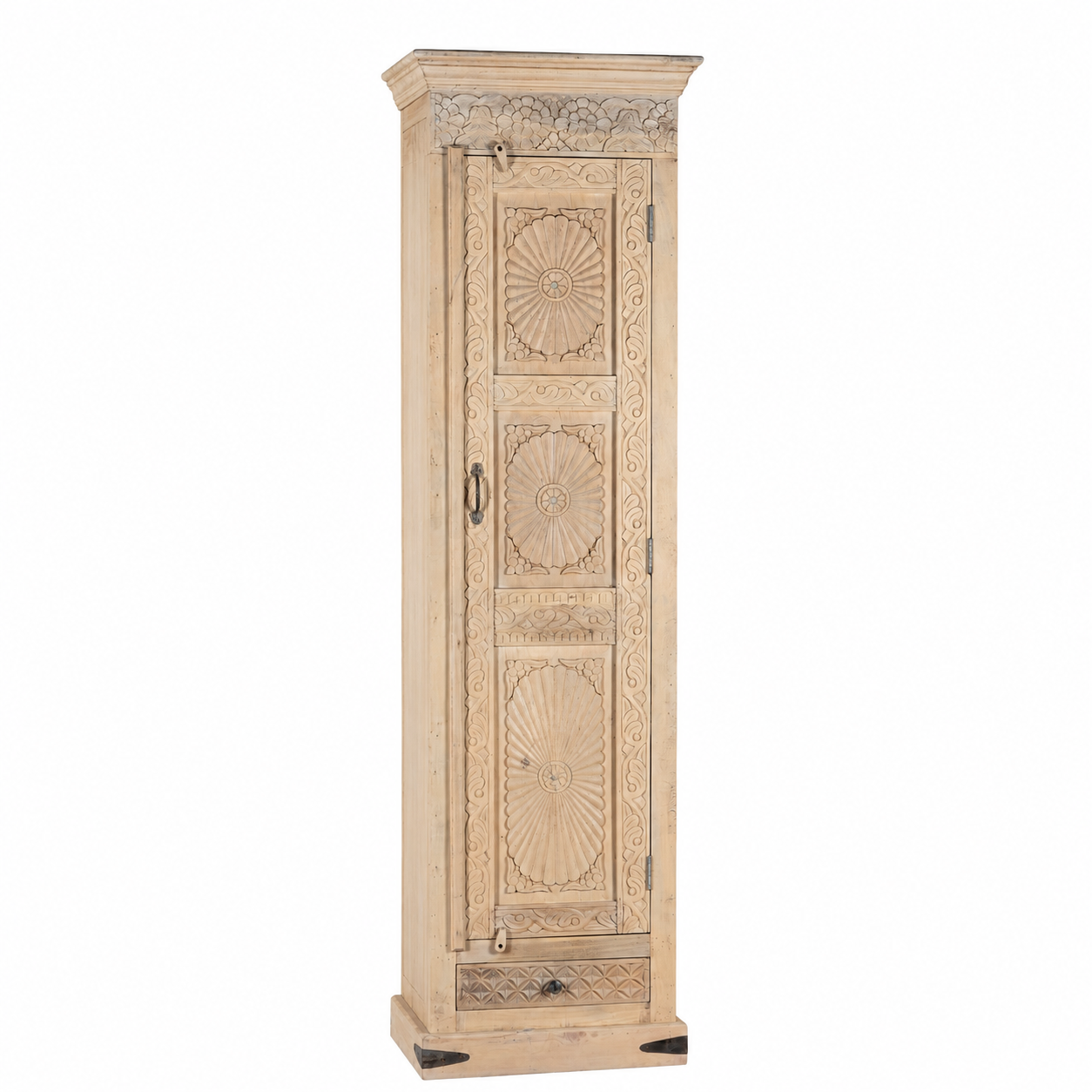 White background image of a Zaina hand carved bleached reclaimed wood cabinet with floral carved doors 221cm