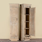 Side angle image with open door of a Zaina hand carved bleached reclaimed wood cabinet with floral carved doors 221cm
