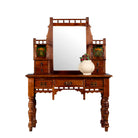 White background image of a antique console table with mirror, restored teak wood, featuring hand-carved detailing; dressing table with mirror, 110 × 48 × 146 cm.