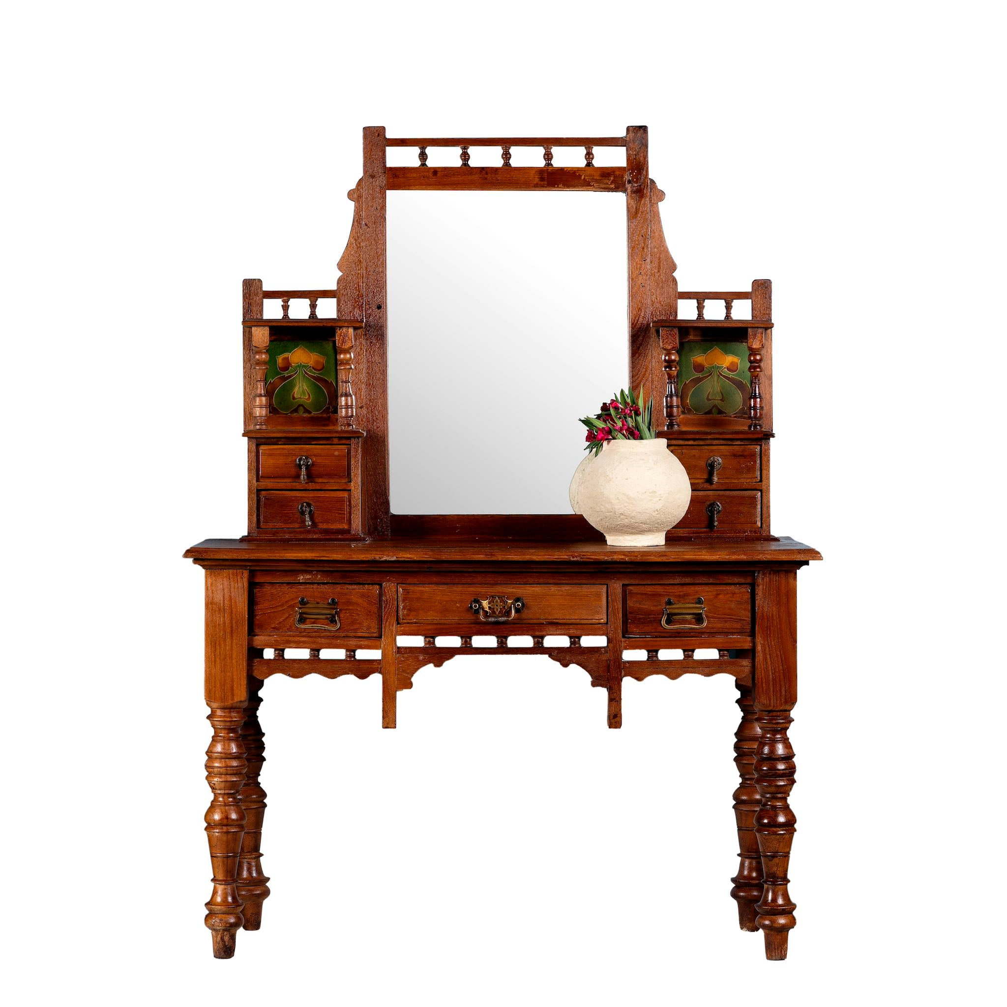 White background image of a antique console table with mirror, restored teak wood, featuring hand-carved detailing; dressing table with mirror, 110 × 48 × 146 cm.