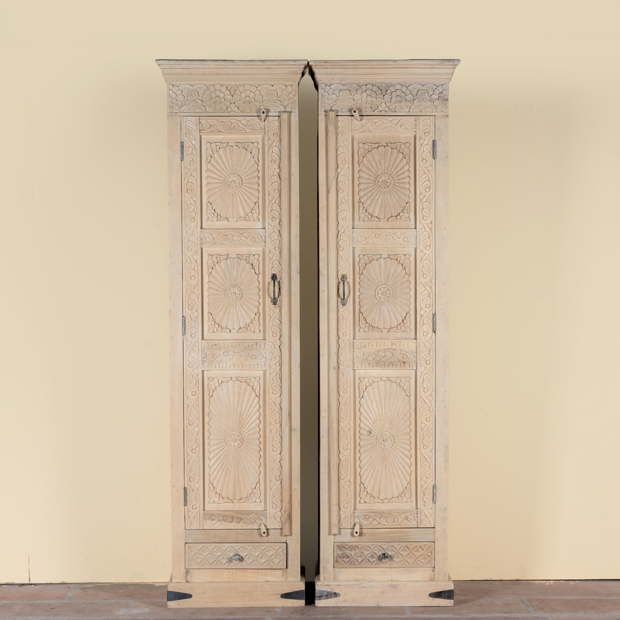 Zarina hand carved bleached reclaimed wood cabinet with floral carved doors 221cm