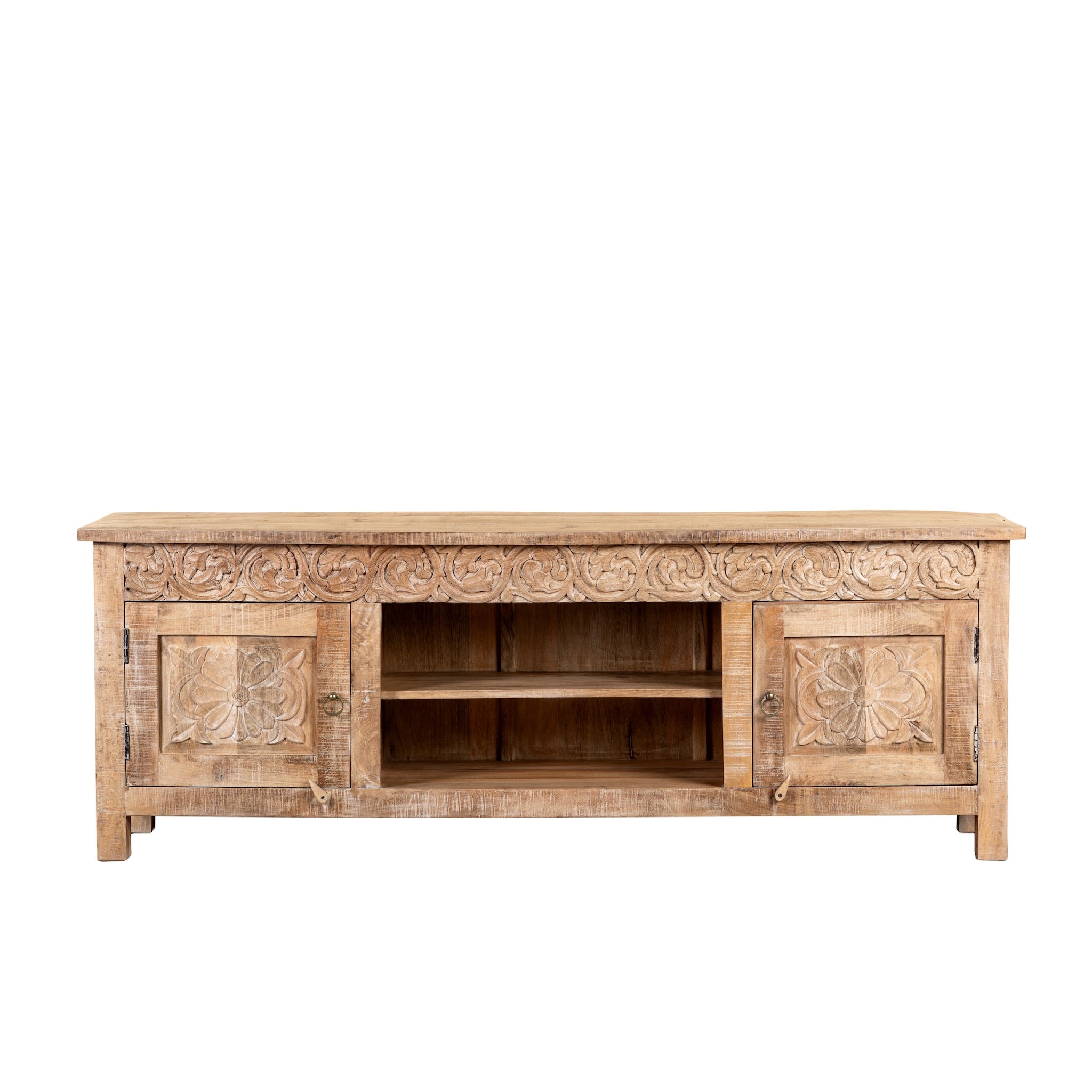 Zarina hand carved mango wood TV unit with floral carved doors 180cm