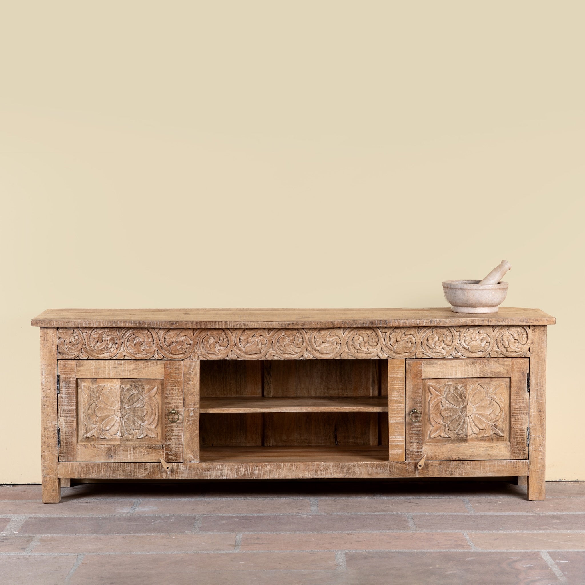 Zarina hand carved mango wood TV unit with floral carved doors 180cm