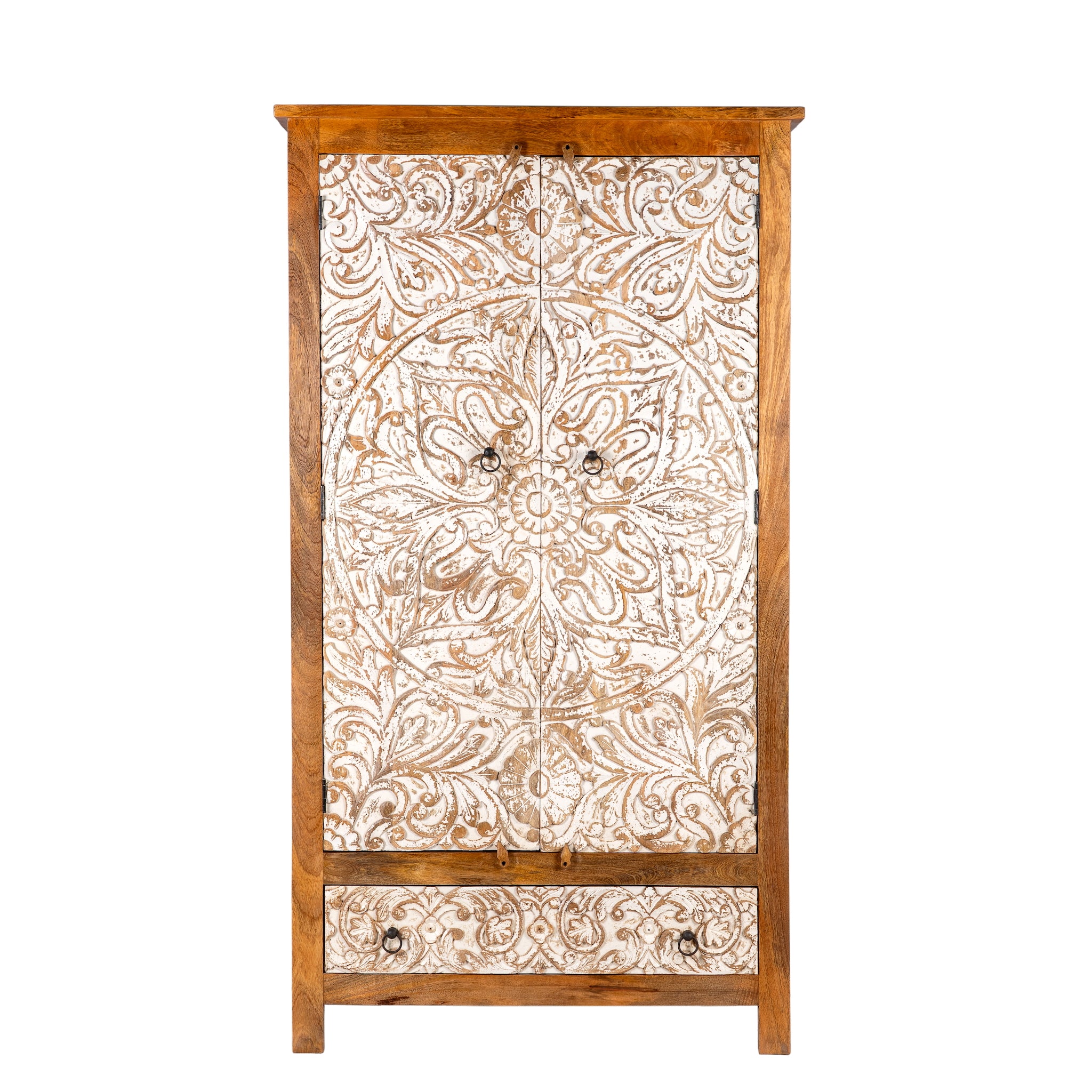 White background image of a hand-carved mango wood wardrobe with whitewashed floral motifs – Zashil by Om Home & Garden, a Mediterranean-inspired piece of carved wooden furniture.