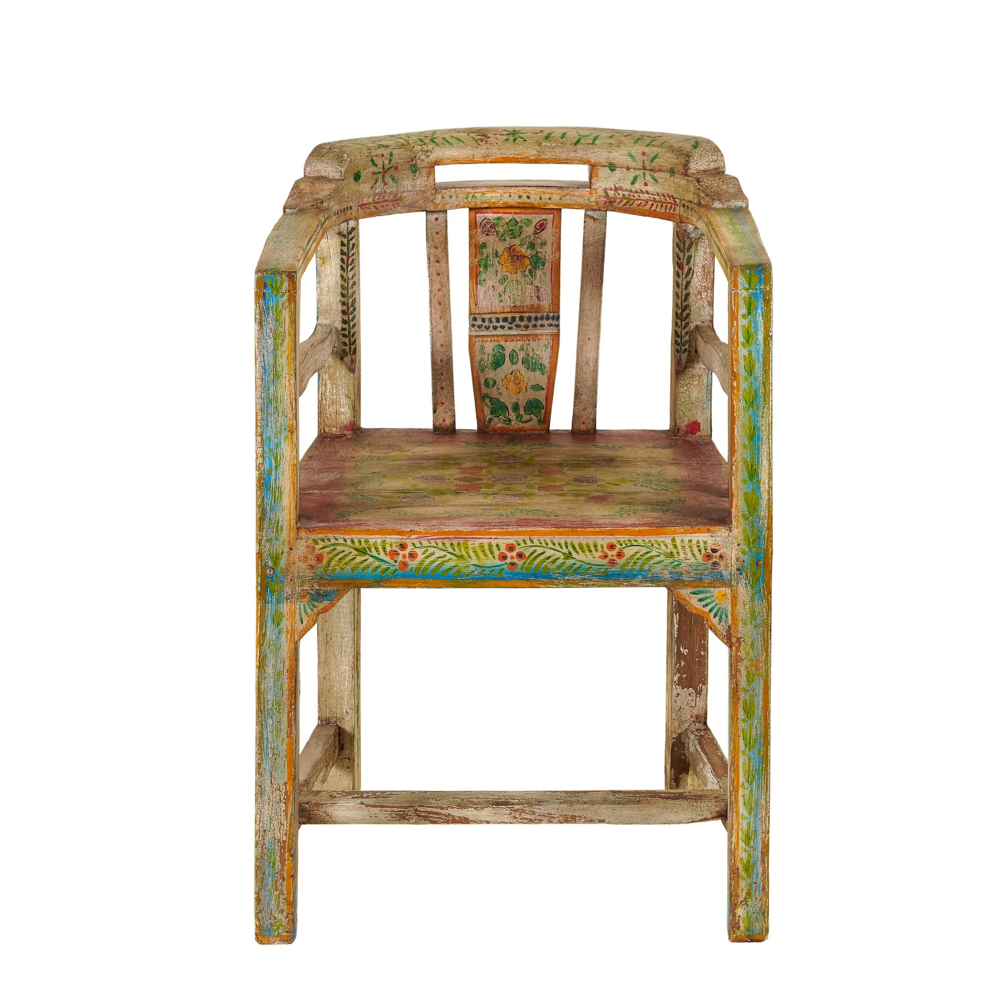 Hand-painted vintage armchair crafted from reclaimed teak wood, featuring intricate traditional patterns in earthy tones on the backrest, seat, and frame, with a rustic and vintage finish.
