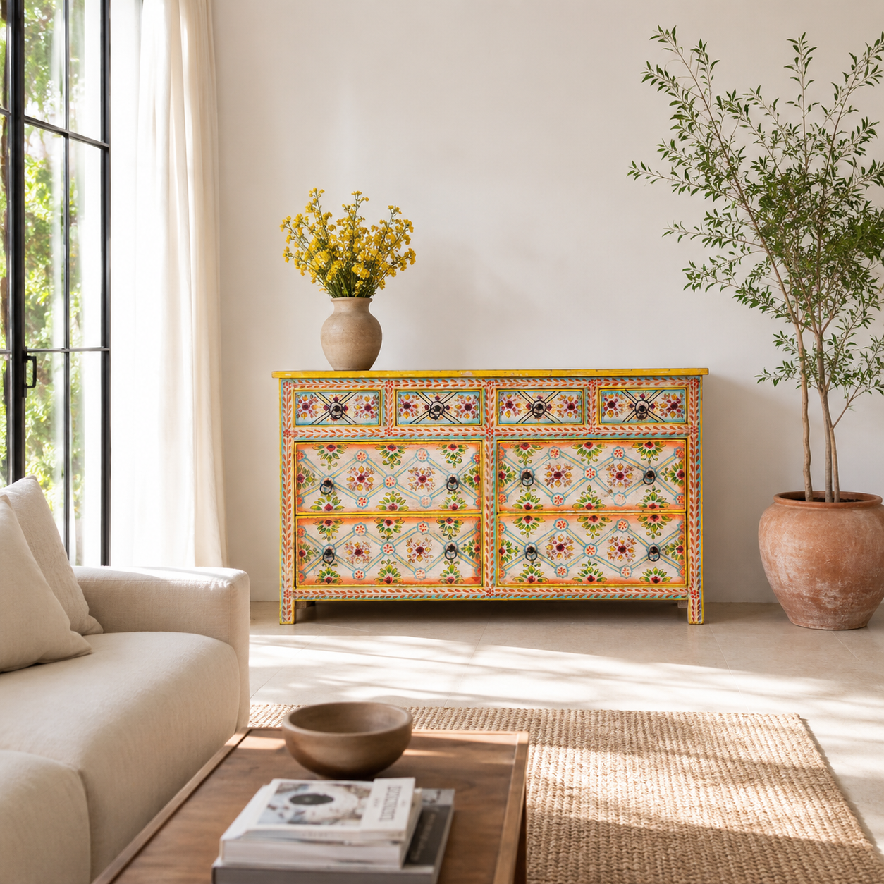 Lifestyle image of a Ziya hand‑painted chest of 8 drawers made from reclaimed wood with floral motifs and iron handles—an artisan piece of painted wooden furniture.