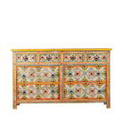 White background image of a Ziya hand‑painted chest of 8 drawers made from reclaimed wood with floral motifs and iron handles—an artisan piece of painted wooden furniture.