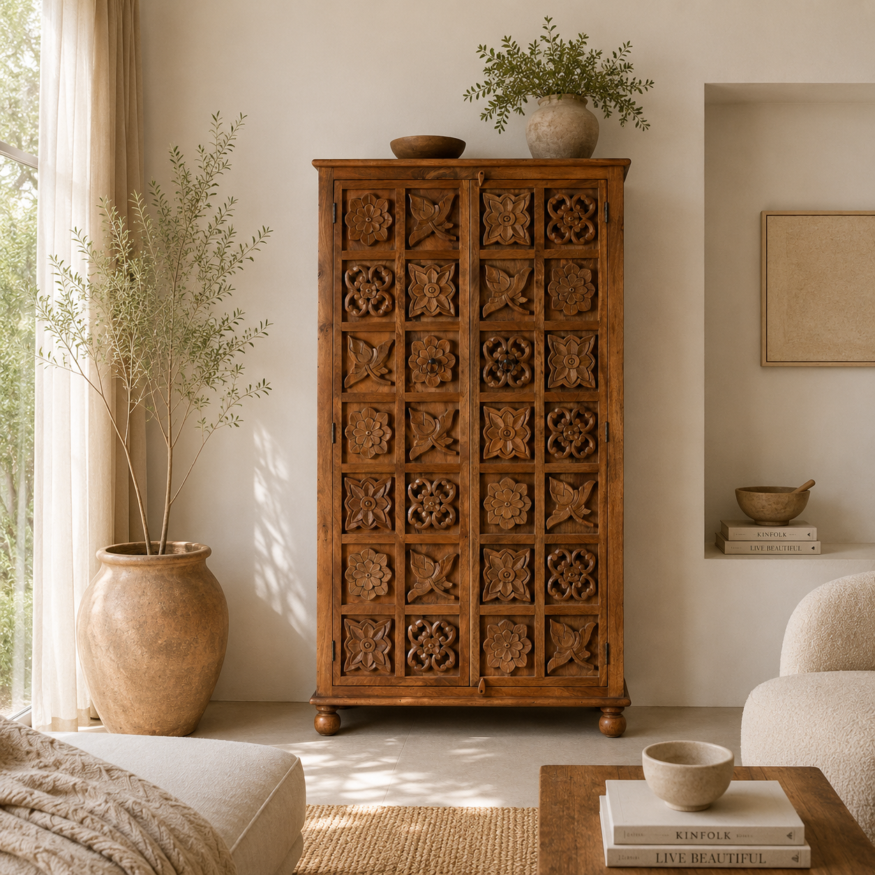 Lifestyle image of a hand-carved mango wood wardrobe with floral motifs; wooden wardrobe in natural finish, 100 × 45 × 190 cm.