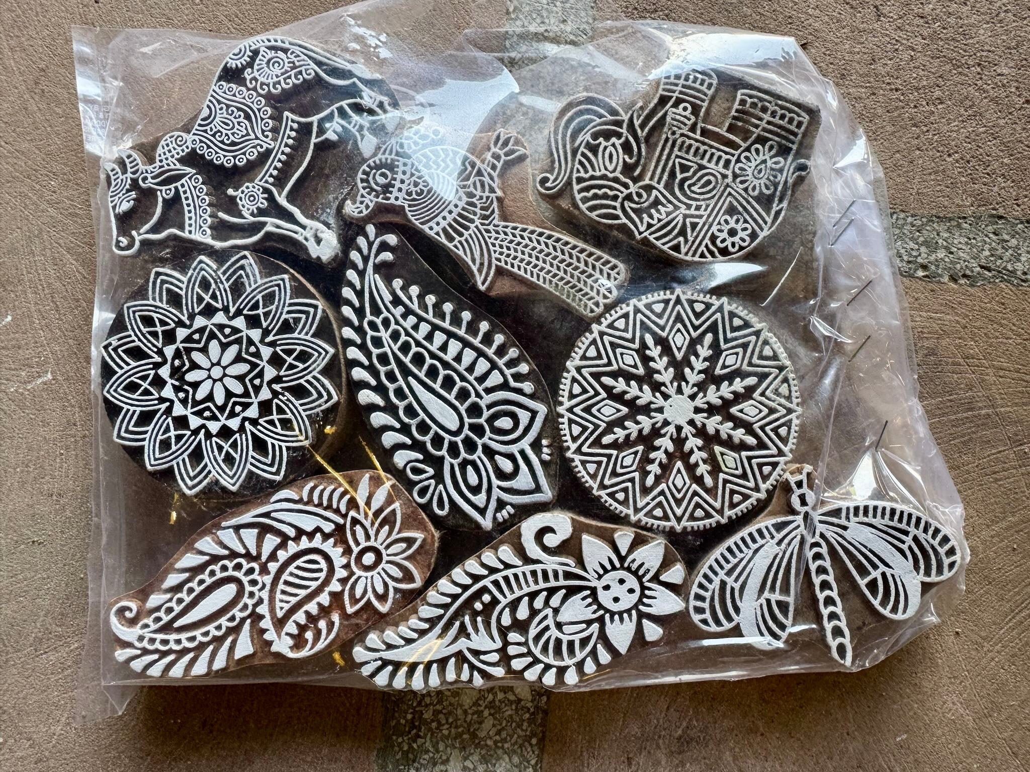 Hand-carved wooden Indian stamp set of 10 pieces featuring floral and animal designs, perfect for printing, crafts, or vintage and India home accessories.