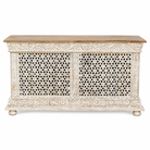 White background image of a Riksha hand carved mango wood console table with Indian carved details 150cm