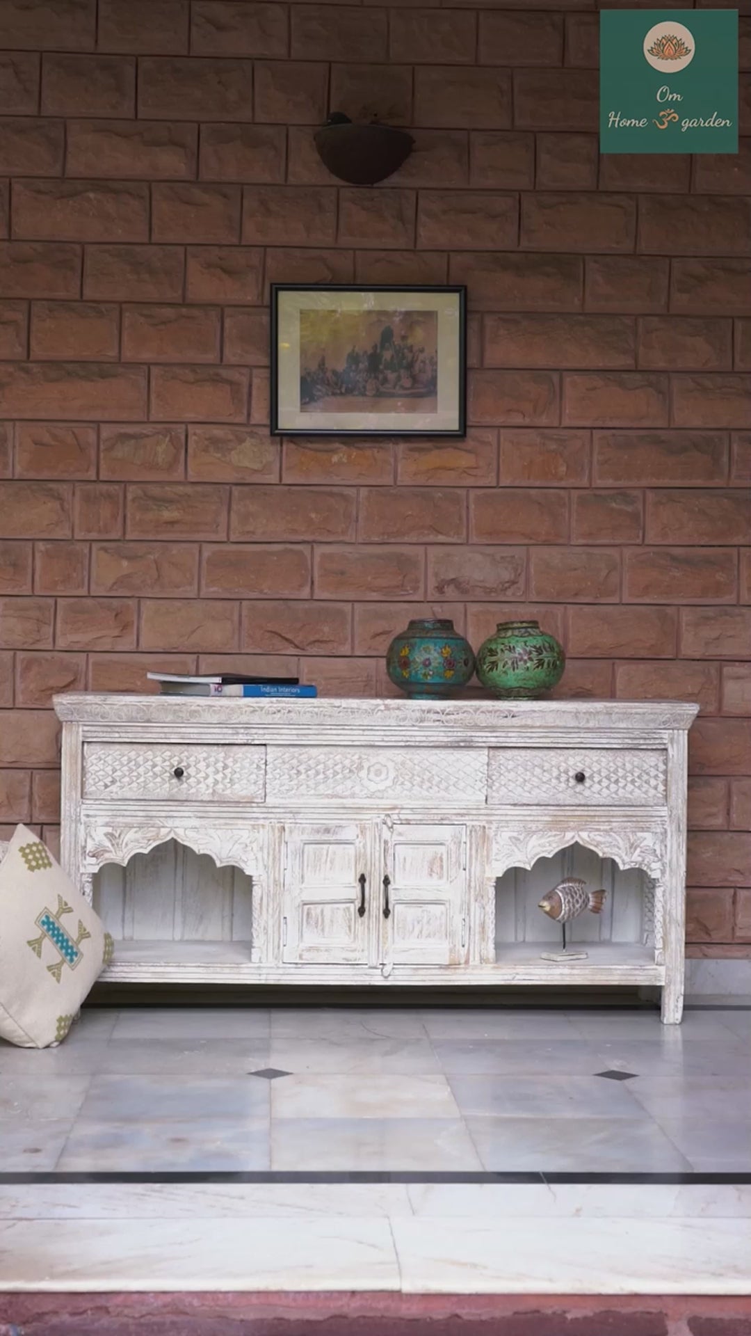 Life style reel of a handcrafted wooden carved sideboard with oriental arches and whitewashed finish; perfect as an entryway table vintage feature, 160 × 80 × 40 cm.
