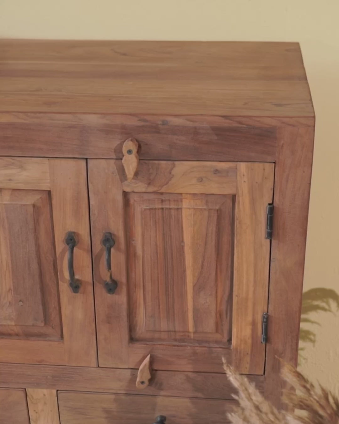 Hand crafted teak wood storage chest Falguni with multiple drawers.