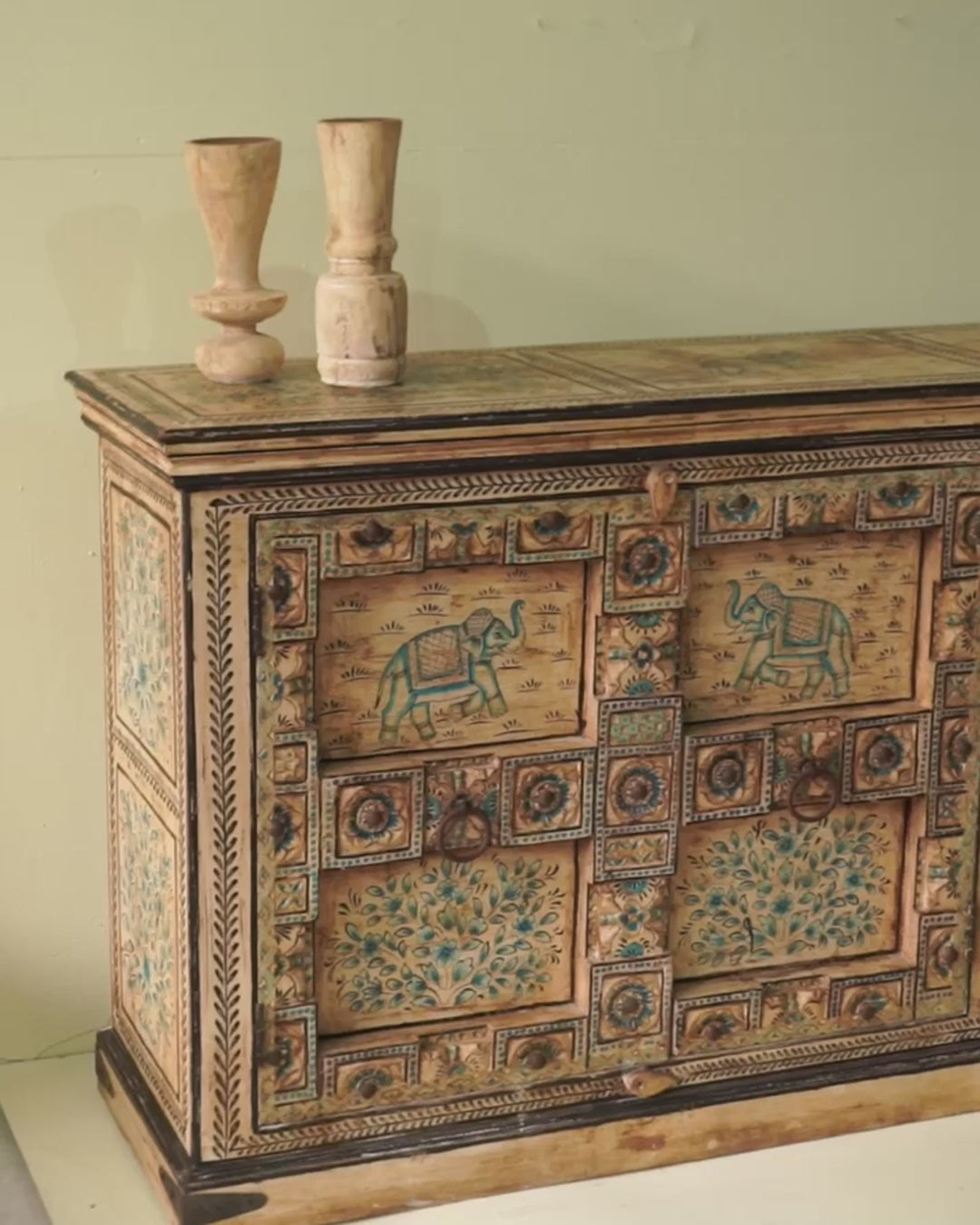 Reel showing Deepika, a unique sideboard made of recycled wood with hand painted Indian motifs in blue and gold; sustainable furniture for dining rooms or hallways, 220 × 44 × 98 cm.