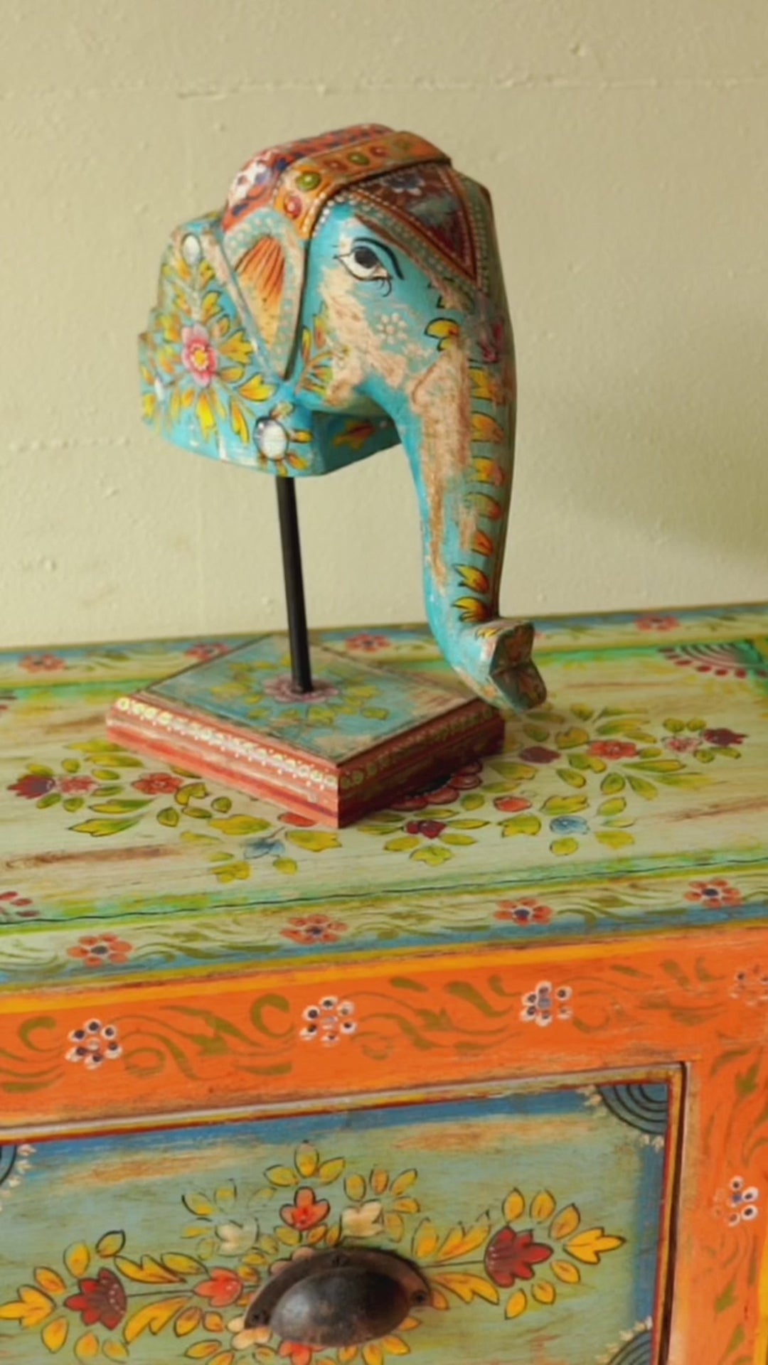 Reel showing Ashmaka vintage style furniture sideboard with hand-painted floral motifs and rattan door inserts, bohemian rattan door furniture, 160 × 40 × 90 cm.