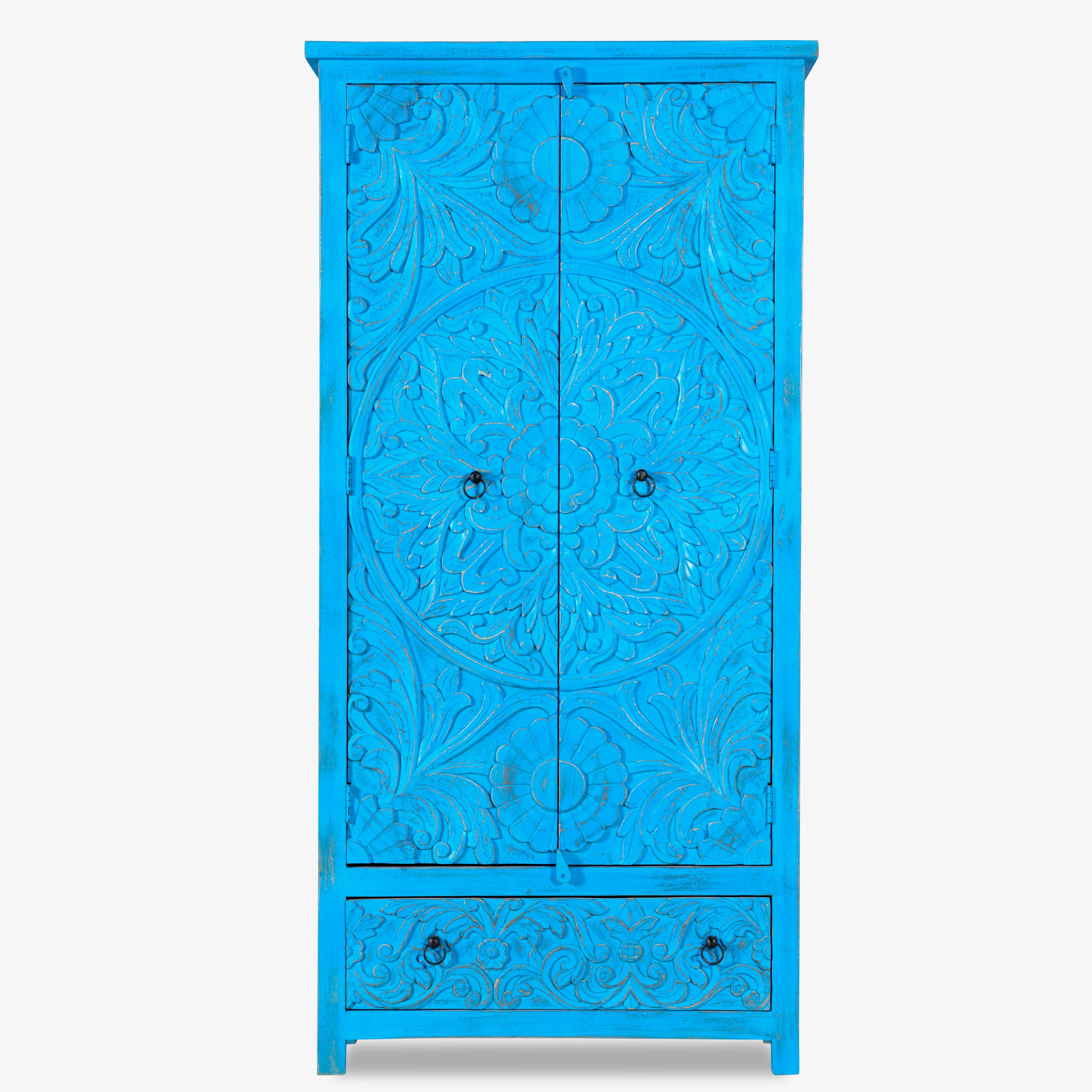 Handgeschnitzer, 2 türiger Schrank aus Mangoholz, gefertigt in Indien in mediterranem vintage Stil.